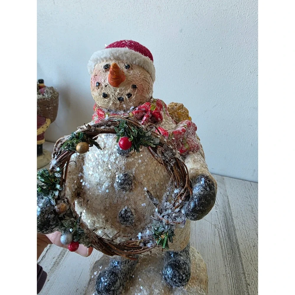 Vintage glitter snowman wreath statue figurine sparkle Xmas decor‎ hat